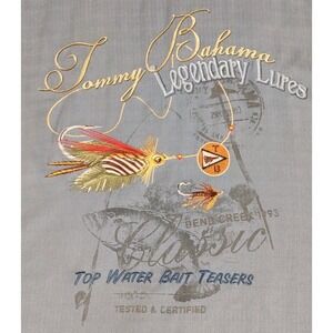 Tommy Bahama  Shirt 100% Silk Mens L/G Legendary Lures  Embroidered‎ Loop Collar